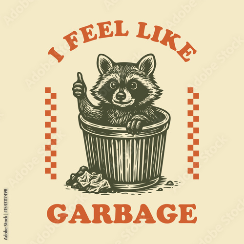 Vintage Linocut Raccoon in Trash Can Giving Thumbs Up