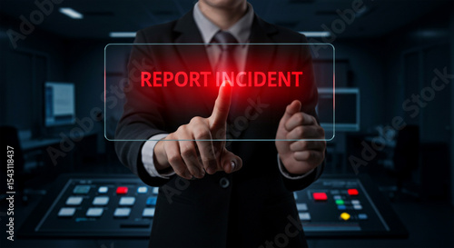 Businessman reporting incident on screen