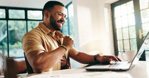 Papier peint Excited, man and success with laptop at house for good news, loan approval and celebration