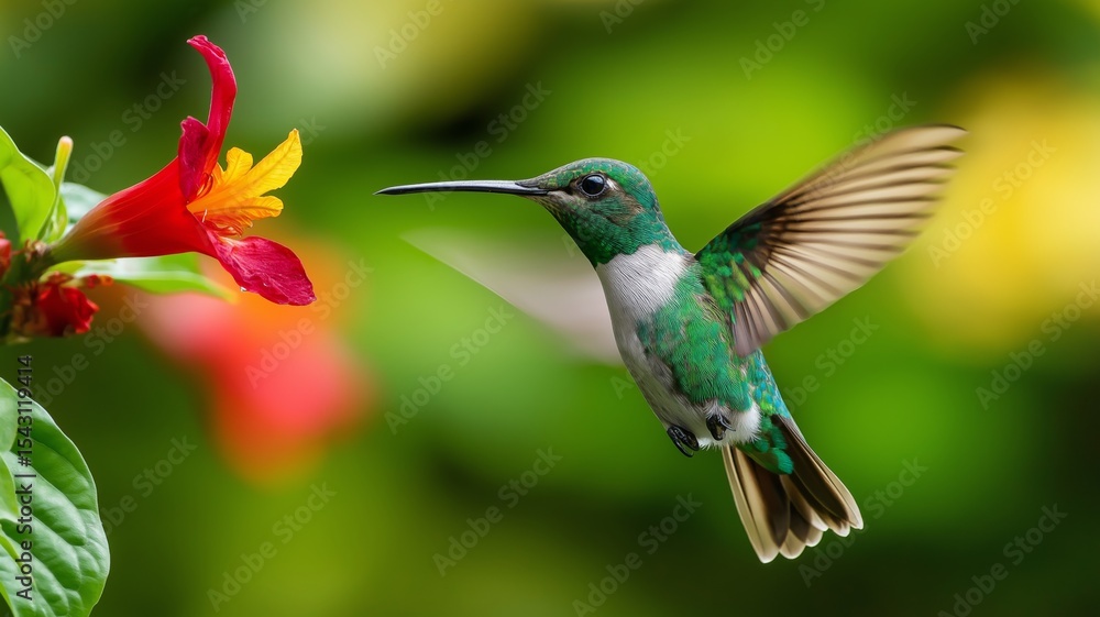 Fototapeta premium A colorful hummingbird hovers gracefully by a bright red flower, surrounded by lush greenery.