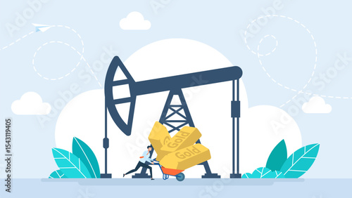 Profit from oil extraction. A man with a wheelbarrow of gold runs against the background of an oil rig. Petroleum oil pump. Currency money mining oil pump coin cash gold coin. Vector illustration