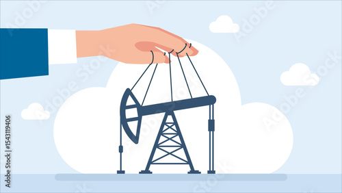 The influence of politics or business on oil production. Businessman, politician manipulates oil rig like a puppeteer. Petroleum industry business. Mining of black gold. Vector illustration.