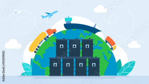 Oil barrels. Oil gas industry. Oil rig, extraction production and transportation oil, fuel and petrol in tankers, ships. Barrels, pump tower, derrick drilling, rig platform. Vector illustration