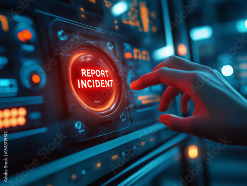 Hand pressing report incident button on futuristic interface