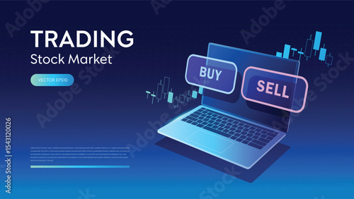 Buy and sell choosing button with laptop computer represent stock exchange trading or crypto trade decision in futuristic background. Virtual chart analyzing broker. Financial diagram tech innovation.