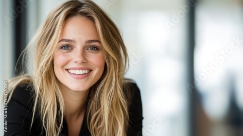 Free Download A joyful young woman with long hair smiles warmly in a modern, blurred indoor environment, radiating positivity and an inviting essence that uplifts the viewer’s spirits. - GFXLoad
