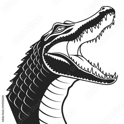 Monochrome alligator roars fiercely with open mouth revealing sharp teeth in a side view