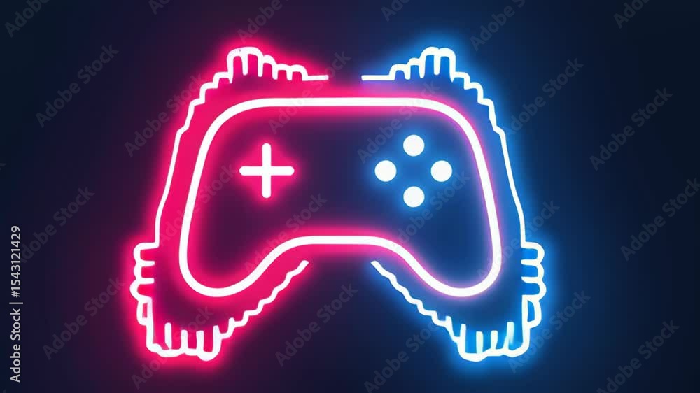 A glowing red and blue neon gamepad icon with a glitch reveal animation on a dark background. Video game and streaming culture concept. Use for esports branding or a tech event promotion