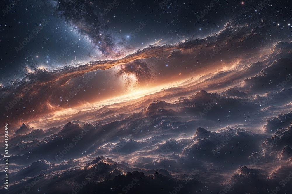 Fototapeta premium Dynamic Cosmic Storm Rippling Across a Nebula Landscape in a Starry Night Universe