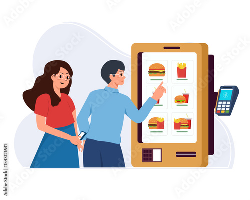 People wait for ordering food using self-service kiosk terminal contactless payment technology vector illustration