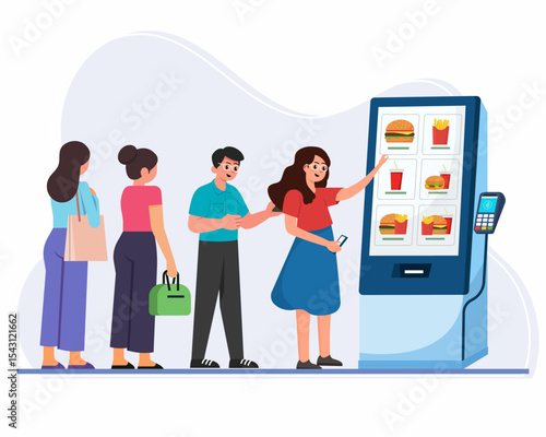 People wait for ordering food using self-service kiosk terminal Interactive display for food paying vector illustration