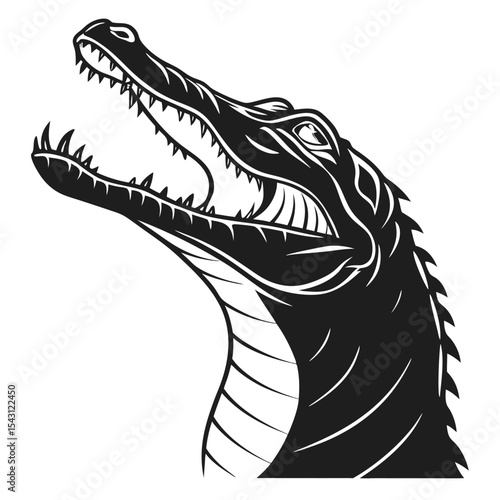 Black crocodile head with its mouth open displays formidable teeth and menacing eyes