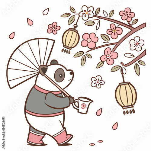 Sakura Breeze themed SVG: Content Bear with wearing rain boots in a Cherry Blossom Festival environment