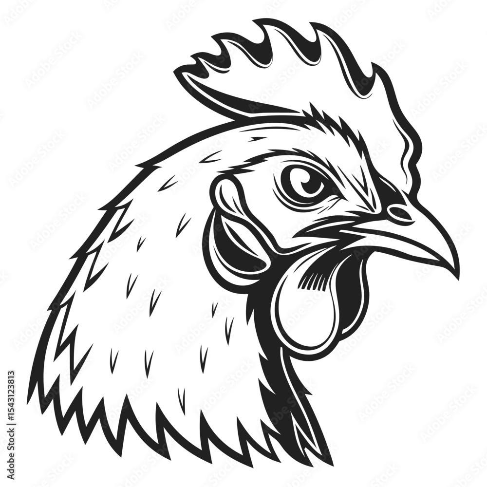 Fototapeta premium Striking monochrome illustration displays a detailed rooster head with bold lines and feathered texture