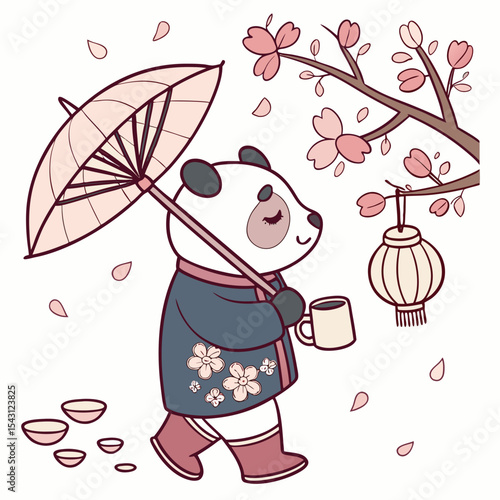Sakura Breeze themed SVG: Content Bear with wearing rain boots in a Cherry Blossom Festival environment
