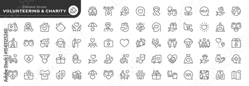 Volunteering and charity line icon set. Donation, help, support, humanitarian aid, donor, volunteer, community, unity, caring and more. Outline icon in linear style. Vector collection.	