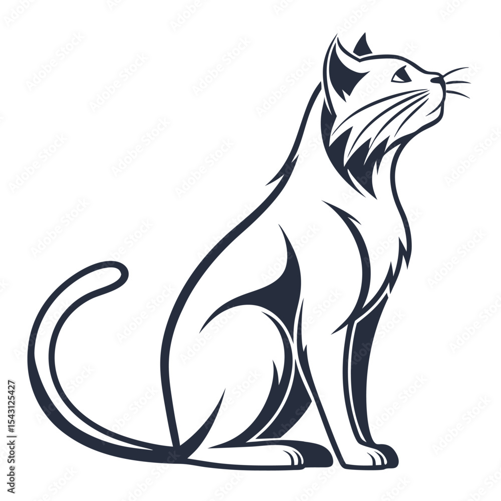 Elegant cat attentively gazes upwards in a minimalist black and white illustration Elegant cat attentively gazes upwards in a minimalist black and white illustration