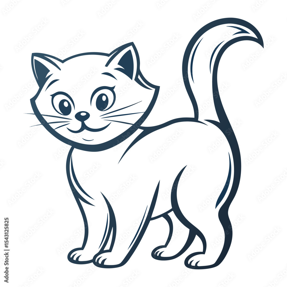 Playful cartoon cat with an upturned tail and a sweet smile is standing Playful cartoon cat with an upturned tail and a sweet smile is standing