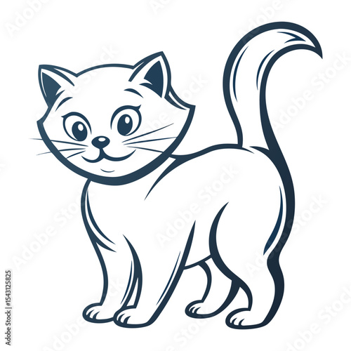 Playful cartoon cat with an upturned tail and a sweet smile is standing