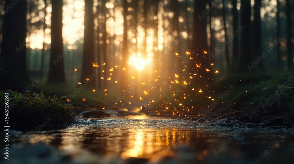 Obraz premium In a serene forest at golden hour, ethereal butterflies appear to dance above the glistening stream, evoking feelings of wonder and the beauty of nature in harmony.