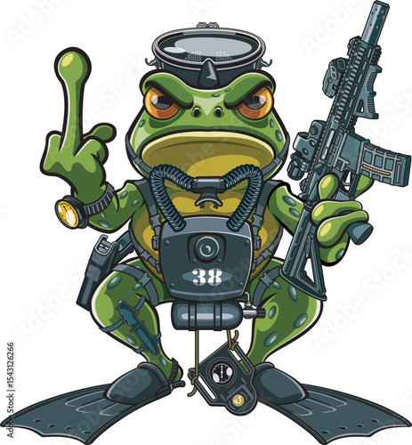Cartoon style frog combat diver soldier holding ar-15 style assault rifle