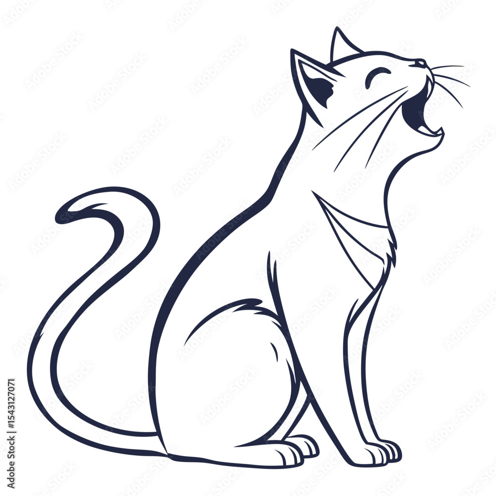 Simplified monochrome outline of a domestic cat, sitting and yawning with its mouth open Simplified monochrome outline of a domestic cat, sitting and yawning with its mouth open