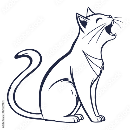 Simplified monochrome outline of a domestic cat, sitting and yawning with its mouth open