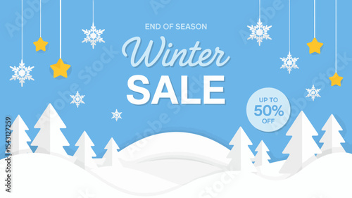 “Winter Sale Banner – Minimalist Light Blue Background with Snowflakes, Hanging Stars, Pine Trees, and Discount Badge”