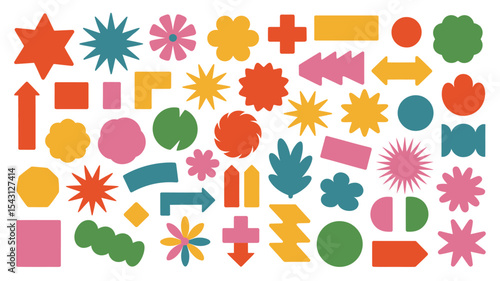 “Colorful Geometric Shapes Collection – Playful Retro-Inspired Stars, Flowers, Arrows, Circles, and Abstract Forms on White Background”