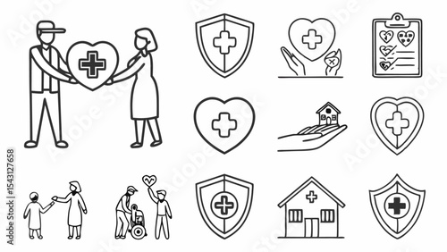 Vector set of medieval shield and business icons illustration