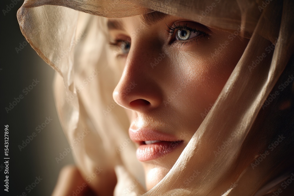 Close-up of young caucasian female with veil and intense gaze Close-up of young caucasian female with veil and intense gaze