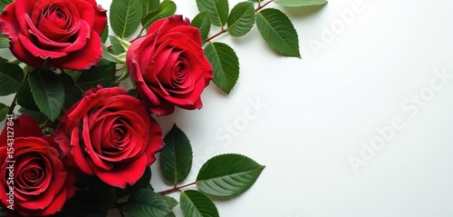Fototapeta Naklejka Na Ścianę i Meble -  Close-up of red roses with rich green leaves in corner border on white background. Elegant floral arrangement, perfect for romantic themes, Valentine Day, weddings, love, beauty, celebration.