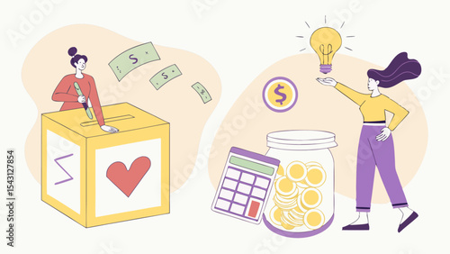 Happy birthday party illustration of a smiling woman shopping for a gift with a child