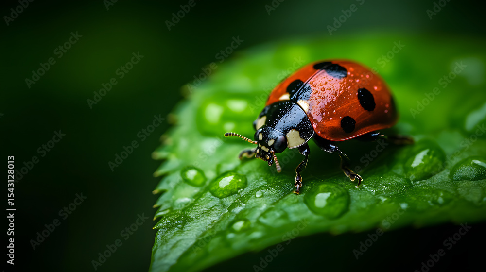 A close-up shot of a ladybug on a vibrant green leaf, its black spots clearly visible as it rests peacefully in nature. A close-up shot of a ladybug on a vibrant green leaf, its black spots clearly visible as it rests peacefully in nature.