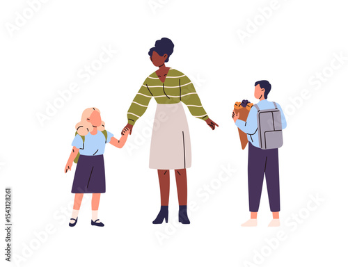 Students bring flowers for Knowledge day at school. Teacher is greeting children, holds kids for hand. First grade schoolchildren with backpacks. Flat isolated vector illustration on white background