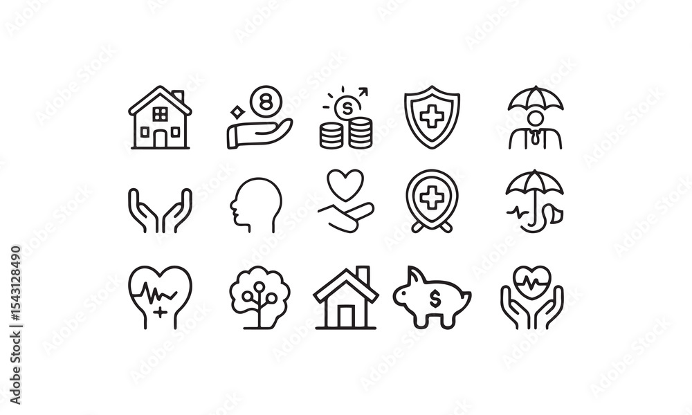 Fototapeta premium Collection of modern black and white line icons representing insurance and financial security concepts