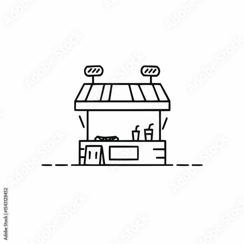 Food stall with beverages and snacks in simple line art style  