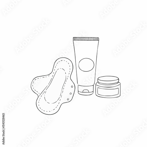 Feminine hygiene products including pad, cream, and lotion container  