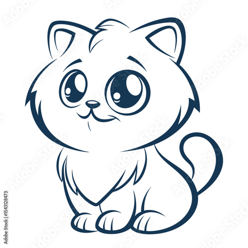 Smiling cartoon cat with big eyes sits patiently in a simple outline