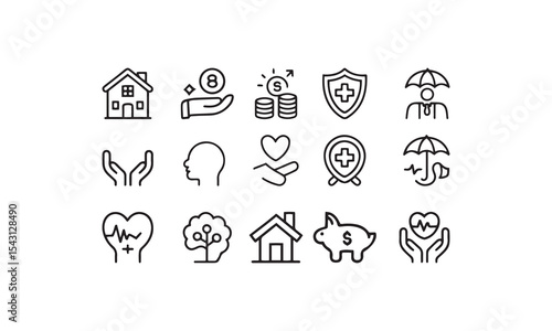 Collection of modern black and white line icons representing insurance and financial security concepts