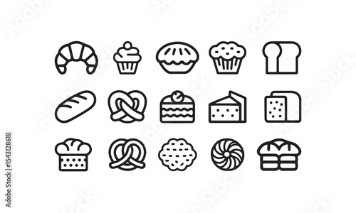 Minimalist bakery icon set featuring various bread_ pastries_ and sweet treats in outlined style