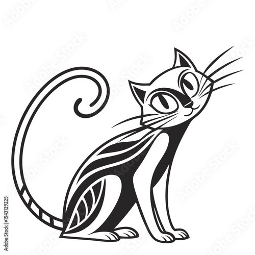 Elegant feline gazes upward with its tail curled into a graceful, eyecatching flourish