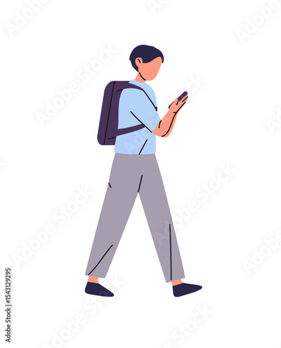 School student uses smartphone on the go. Kid carries backpack, scrolls social networks in phone. Little boy with telephone, schoolbag to study. Flat isolated vector illustration on white background