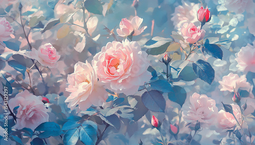 Wallpaper Mural Soft pastel rose garden in pink and blue, delicate flowers, dreamy background Torontodigital.ca