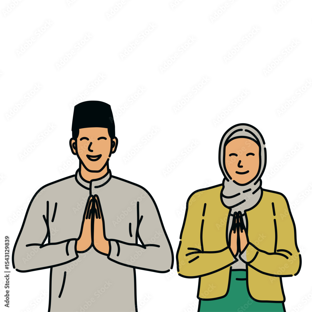 Muslim and Muslimah Minimalist Illustration for Ramadhan, Eid Fitri, and Eid Adha Greeting and Islamic Celebration Design Muslim and Muslimah Minimalist Illustration for Ramadhan, Eid Fitri, and Eid Adha Greeting and Islamic Celebration Design