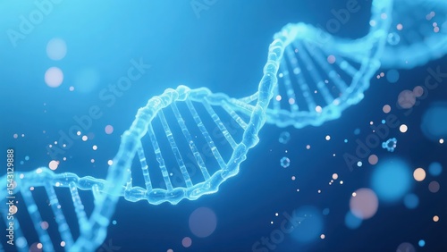 A glowing blue 3D illustration of a DNA double helix structure against a dark blue background with light particles