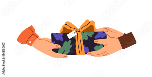 People exchange gifts, congratulations. Characters give and get wrapped presents. Human hands hold surprise box decorated with ribbon bow. Flat isolated vector illustration on white background