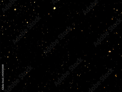 Elegant gold splatter texture on a black background. Abstract vector ink drops and glittery specks create a luxurious and festive design. Perfect for invitations, packaging, posters, brandin