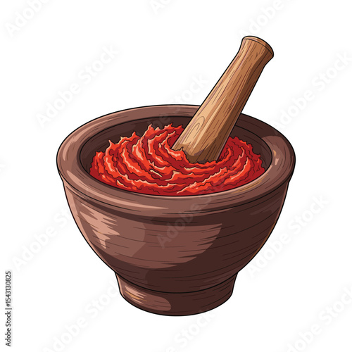 Illustration of mortar and pestle grinding red food, perfect for culinary creative projects