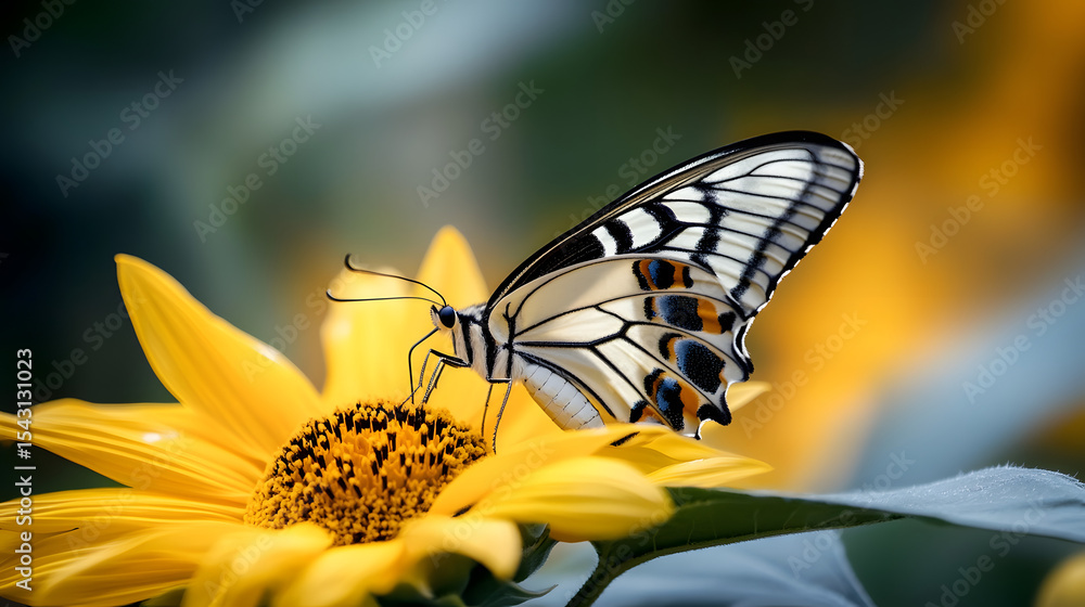 A delicate butterfly perched on a bright yellow sunflower, sipping nectar on a warm summer day. A delicate butterfly perched on a bright yellow sunflower, sipping nectar on a warm summer day.